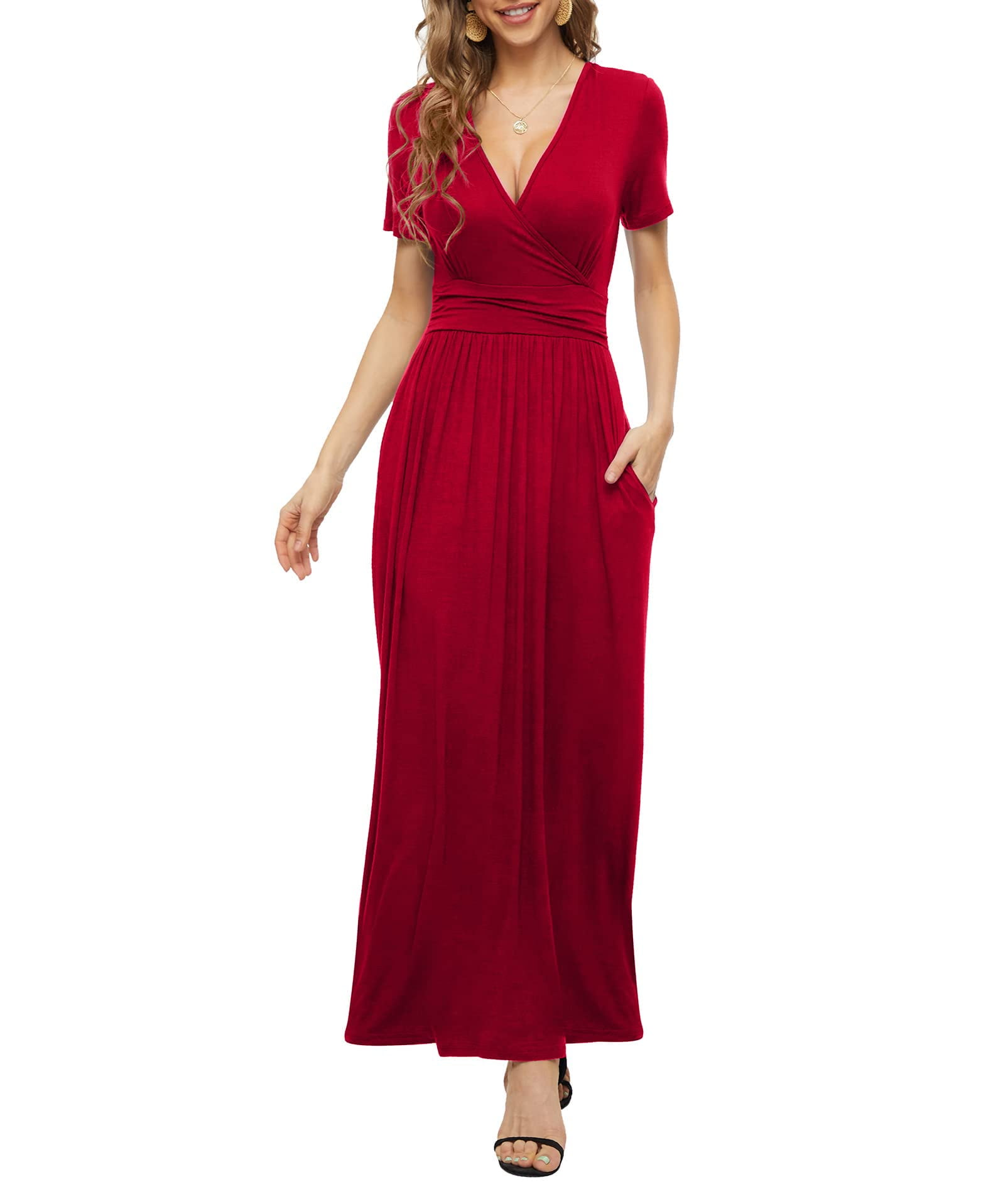 HAOMEILI Women's Empire Waist Maxi Dress Casual V Neck Long Dresses ...