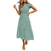 HAOMEILI Women's Summer Casual Flutter Short Sleeve Crew Neck Smocked Elastic Waist Tiered Midi Dress