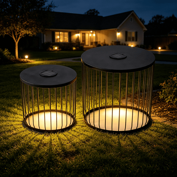 HAOMINS 2 Pack Side Table, Modern Round Metal Wire End Table with LED Lights for Living Room, Balcony, Garden
