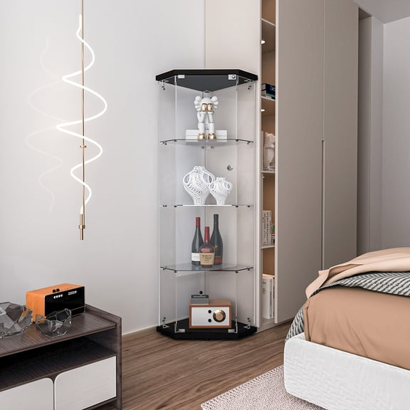 HAOMINS 4 Tier Pentagon Glass Display Cabinet, Floor Standing Full Clear View Display Case with Doors for Living Room, Bedroom, Office