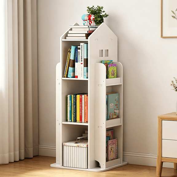 HAOMINS 4 Tier Rotating Bookshelf, Floor Standing 360° Revolving Bookcase for Bedroom, Living Room, Study Room