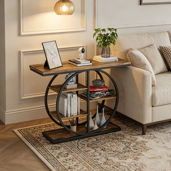 HAOMINS 41.3" Console Table, 4 Tier Industrial Rustic Sofa Table, Metal Circle Base, Narrow Wood Accent Table for Hallway, Foyer, Entrance, Living Room, Behind Couch, Office