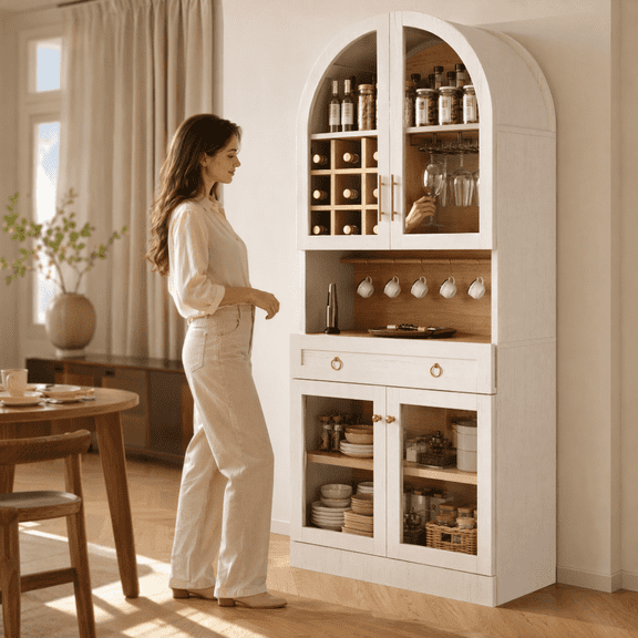 HAOMINS 70 " Tall Arched Bar Cabinet, Modern Farmhouse Wine Cabinet with 9 Bottle Wine Racks, 3 Glass Holders, Adjustable Shelf and Storage Drawer for Home, Dining Room