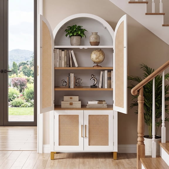 HAOMINS 71" Tall Arched Bookshelf, Modern Farmhouse Arched Bookcase with Rattan Doors & Adjustable Shelves for Living Room, Kitchen, Home, Office