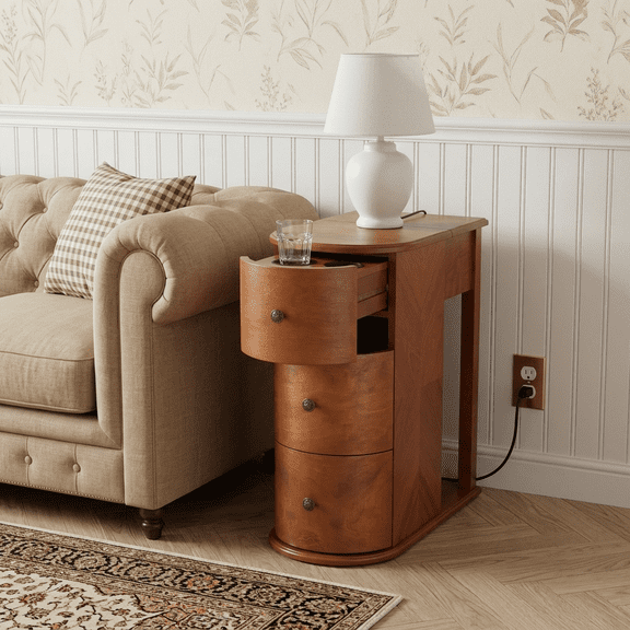 HAOMINS End Table, Modern Wooden narrow Side Table with USB Charging Station, Hidden Dual Cup Holder, Expandable Pull-Out Tray and 2 Drawers for Bedroom, Apartment, Living Room