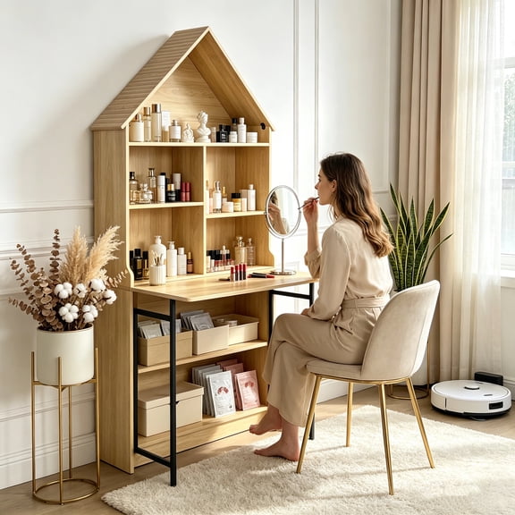 HAOMINS Folding Desk with Storage, Space-Saving Computer Desk, Hidden Disappearing Wall Desk for Small Spaces, Vanity, Workspace