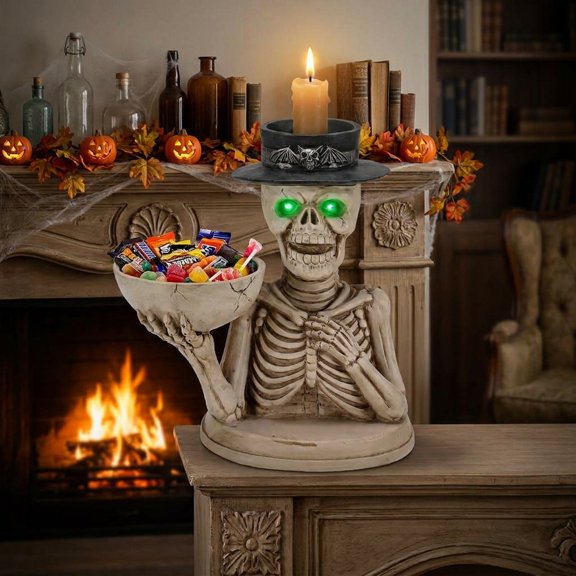 HAOMINS Halloween Skeleton Figurine, Spooky Tabletop lifelike Skeleton Figurines with Storage Bowl & Candle Holder & Glowing Eyes for Indoor Home