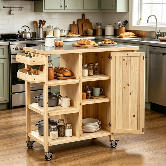 HAOMINS Kitchen Island, Foldable Wooden Island Table with Stainless Steel Worktop, Storage Cabinet, Shelves, Double-Layer Towel Rack, Rolling Wheels for Dining Room