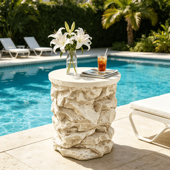 HAOMINS Side Table, Round Faux Stacked Stone End Table with Textured Rock Pedestal for Patio, Living Room