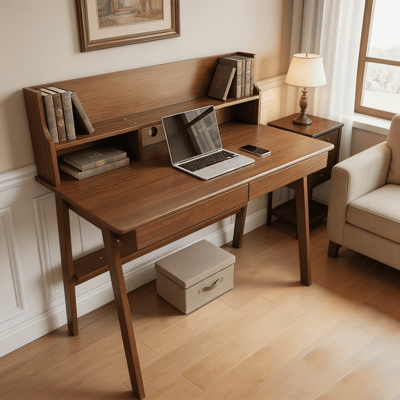 HAOMINS Solid Wood Desk, Mid Century Modern Executive Desk with Storage Shelf and Drawer for Home Office, Living Room, Study, Workspace