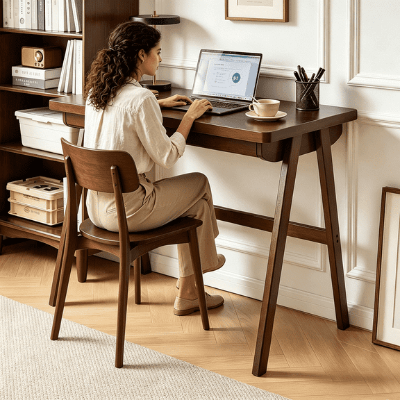 HAOMINS 39" Solid Wood Desk, Retro RubberwoodComputer Desk with Drawer and A Frame Legs for Home Office, Work, Study, 0.71" Standard Thick