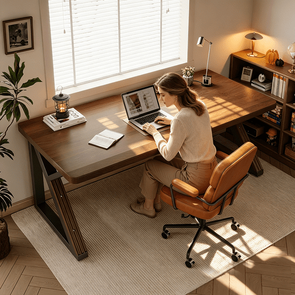 HAOMINS Solid Wood Desk, modern rustic Executive Desk with Heavy Duty K-Shaped Metal Legs, Long Large Computer Desk for Home, Office, Gaming and Study
