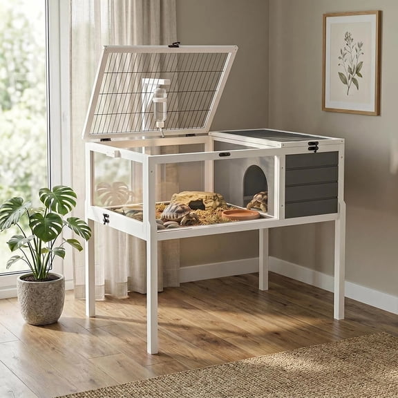 HAOMINS Tortoise Habitat, Wooden Tortoise House with Viewing Window Lamp Holder Waterproof Trays for Turtles, Lizards, Geckos, and Small Pets