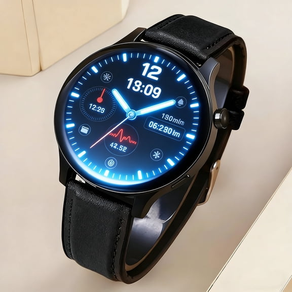 HAOPINSH Sleek Black Smart Watch with Leather Strap - Bluetooth Call, Heart Rate Monitor, NFC, Waterproof (GT Series)