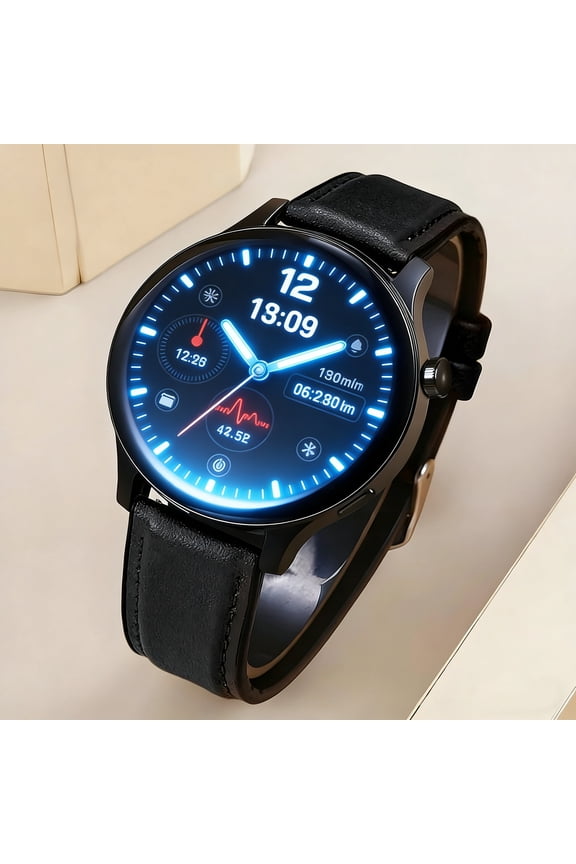 Sleek Black Smart Watch with Leather Strap - Bluetooth Call, Heart Rate Monitor, NFC, Waterproof (GT Series)