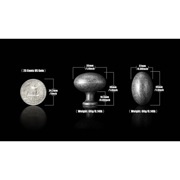 HAOQIAN 1.2 Inch(36MM) Oval Antique Silver Drawer Knobs, Retro Pewter Zinc Alloy for Cabinet Knobs for Dresser,6 Packed