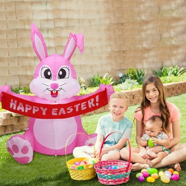 HAORAN 5FT Adorable Easter Inflatable Bunny Holding a Banner Yard Decorations Giant Pink Bunny with LED Lights for Holiday Party Indoor Outdoor Decor