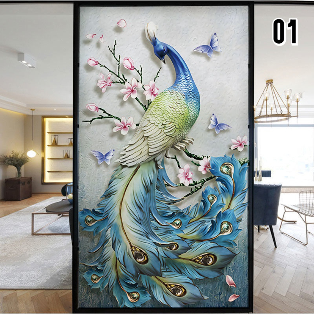 3D Stained Camellia Window Film – Static Cling, Frosted Glass Sticker – Opaque Retro
