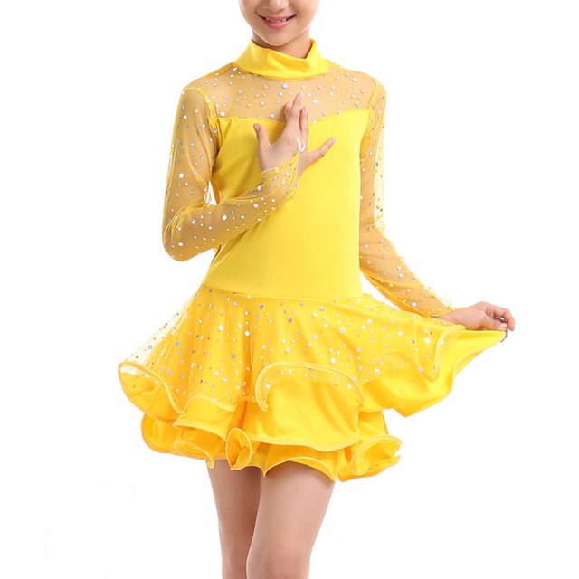 HAORUN Child Girls Sequin Mesh Latin Costume Ballroom Ruffle Dance ...