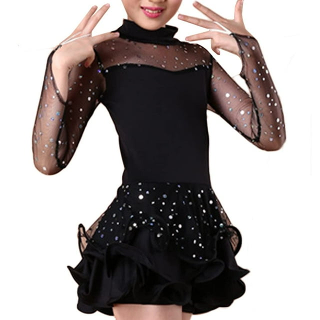 HAORUN Child Girls Sequin Mesh Latin Costume Ballroom Ruffle Dance ...