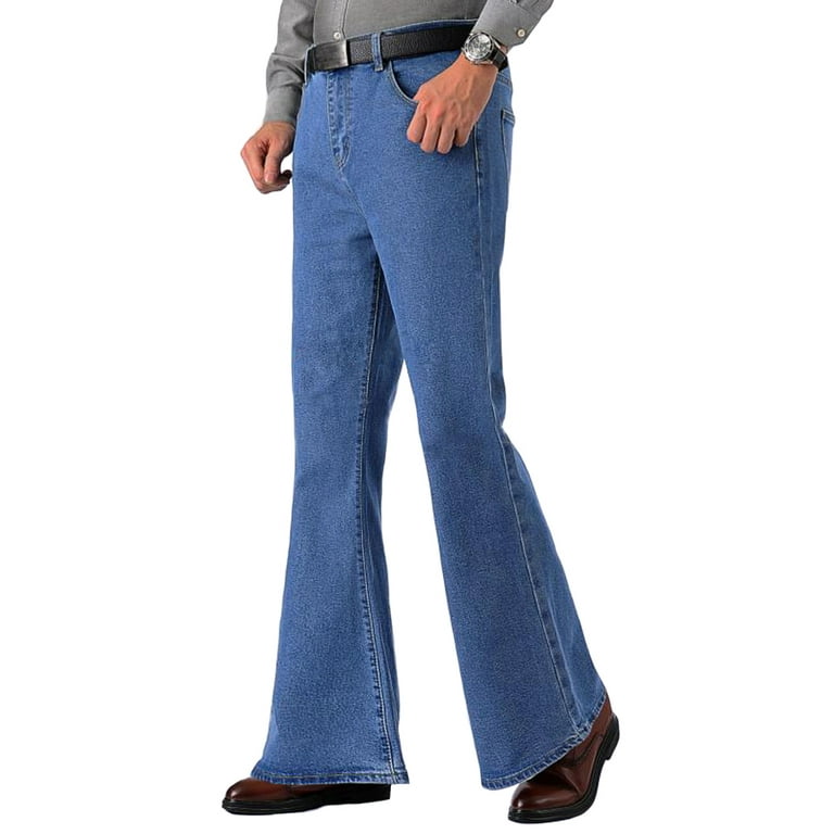 HAORUN Men Denim Flared Pants Retro 60s 70s Stretch Wide Leg Bell Bottom Jeans  Trousers 