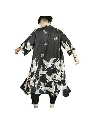 Japanese Long Kimono Cardigan Men Samurai Costume Clothing Kimono Jacket  Mens Kimono Yukata Haori (Color : Black, Size : XXL+)