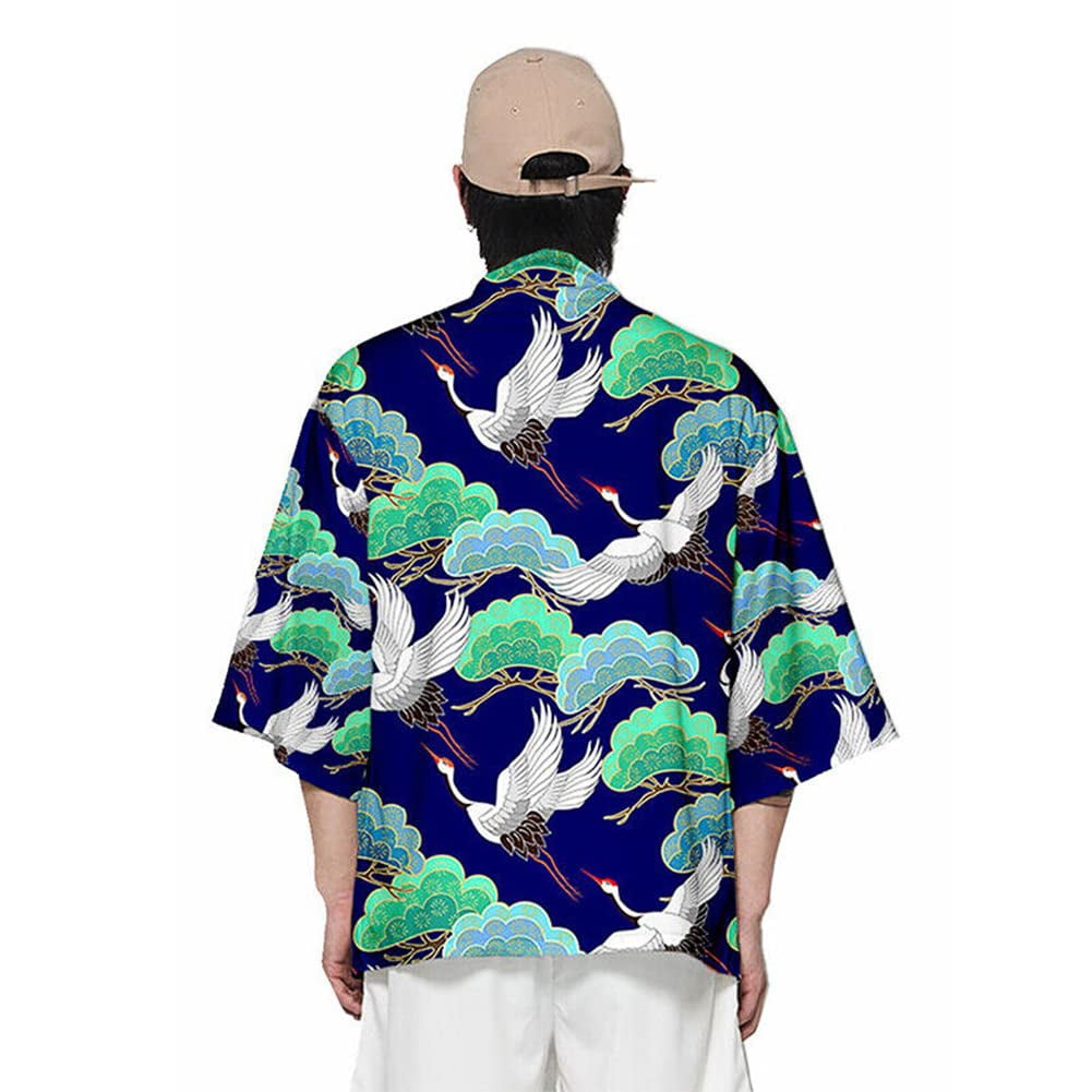 HAORUN Men Japanese Crane Printed Yukata Kimono Haori Coat Shirt 3/4 ...