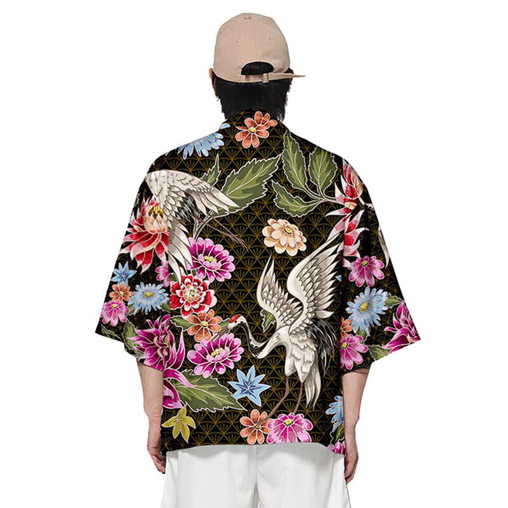 HAORUN Men Japanese Floral Print 3/4 Sleeve Kimono Haori Yukata Shirt ...