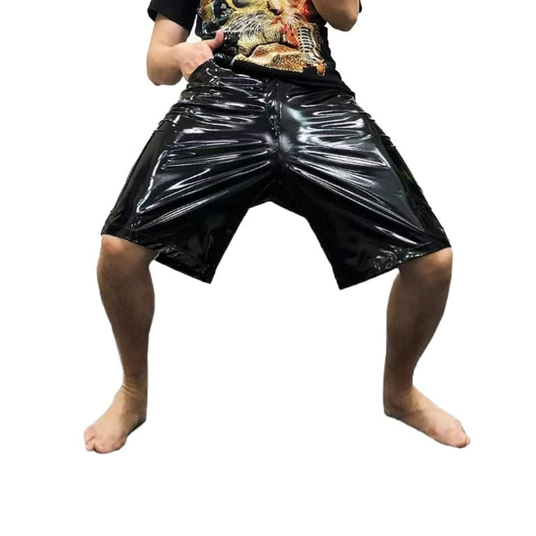 HAORUN Men Shiny Metallic Shorts Faux Leather Loose Fit