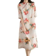 HAORUN Women Cotton Linen Floral Dress Chinese Ethnic Qipao Casual