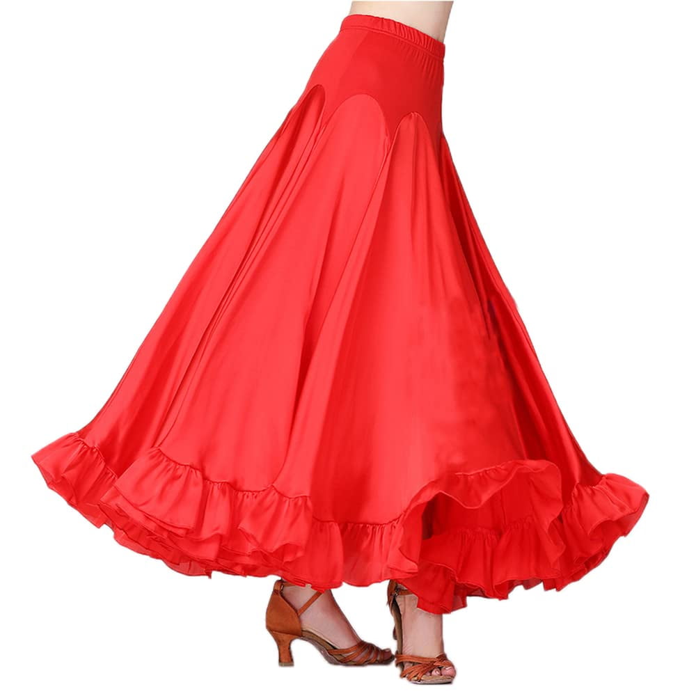 HAORUN Women Elastic Waist Satin Ruffle Long Dance Skirt Spanish ...