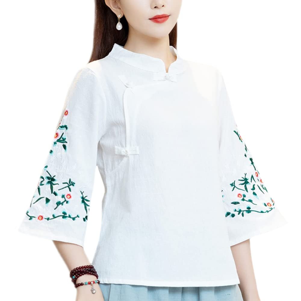 【COSYHARU】Bohemian pleated shirt HAORUN Women Ethnic Floral Embroidery Blouse Mandarin Collar