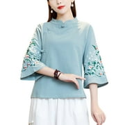 HAORUN Women Ethnic Floral Embroidery Blouse Mandarin Collar Qipao Shirt Tops