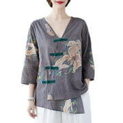 HAORUN Women Ethnic Floral V-neck Blouse Chinese Traditional Frog Button Qipao Top Shirt