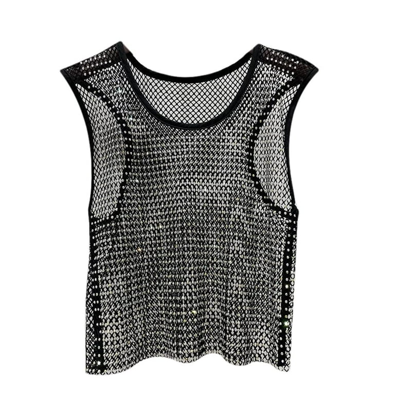 Haorun Women Rhinestone Fishnet Mesh Tank Tops Glitter Shiny Sleeveless Sheer Hollow Out Round Neck Vest, Women's, Size: One size, Black Haorun Women Rhinestone Fishnet Mesh Tank Tops Glitter Shiny Sleeveless Sheer Hollow Out Round Neck Vest, Women's, Size: One size, Black