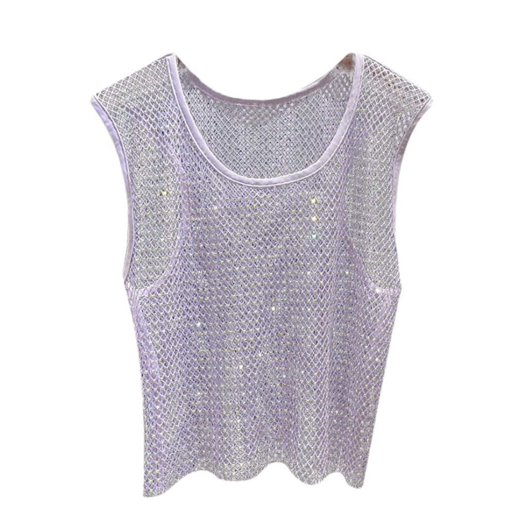Haorun Women Rhinestone Fishnet Mesh Tank Tops Glitter Shiny Sleeveless Sheer Hollow Out Round Neck Vest, Women's, Size: One size, White Haorun Women Rhinestone Fishnet Mesh Tank Tops Glitter Shiny Sleeveless Sheer Hollow Out Round Neck Vest, Women's, Size: One size, White