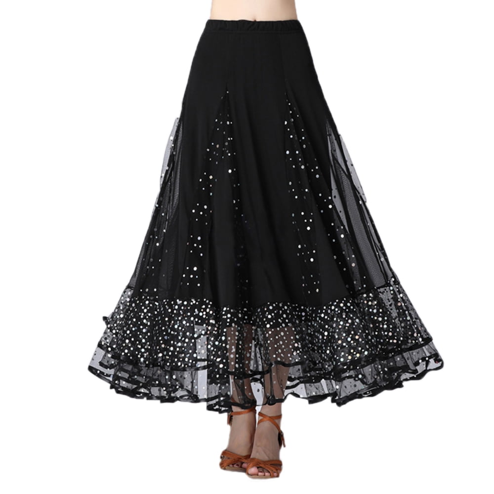 HAORUN Women Ruffle Dance Skirt Sequin Ballroom Dancewear for Tango ...