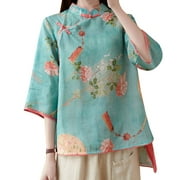HAORUN Women Summer Chinese Traditional Ethnic Cotton Linen 3/4 Sleeve Mandarin Collar Blouse Top Qipao Shirt