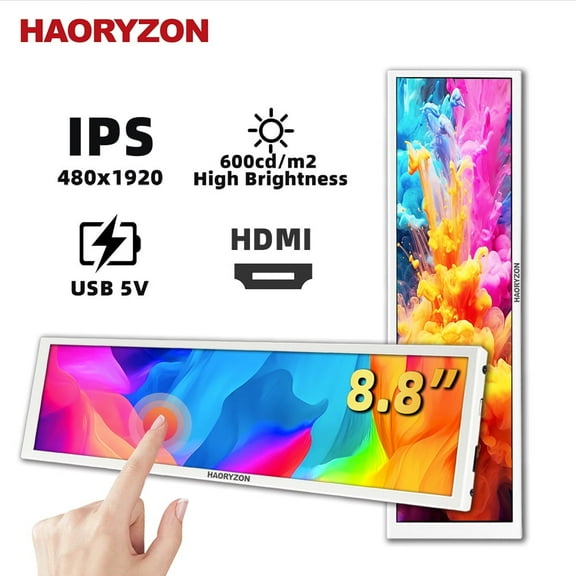 8.8 inch FHD 1920x480 IPS Long Bar Monitor HDMI Capacitive Touch Screen External Screen Real-Time CPU GPU Temp Display AIDA64 Sub Display for Windows PS Raspberry Pi 4 White Case