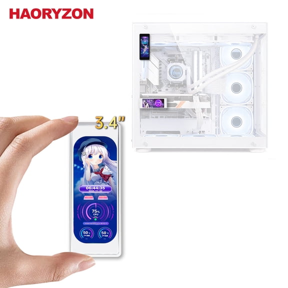HAORYZON 3.4-inch Portable Computer Secondary Screen IPS 376x960 LCD Display CPU Temperature Monitor with Casing for Computer Case Temperature Windows CPU GPU Monitor (White)