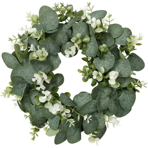 HAOSHCIS Artificial Eucalyptus Wreath with Flowers Faux Green Leaves Eucalyptus Wreath for Front Door Wall Festival Celebration Fireplace Window Party Decor (D)