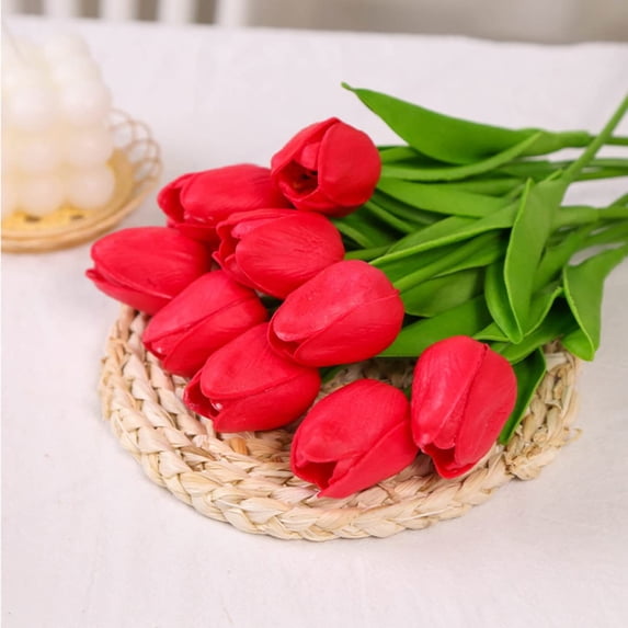 HAOSHICS 20Pcs Multicolor Artificial Flowers Fake Tulip Bouquet Real Touch Faux Tulip Latex Material for Home Garden Wedding Party Floral Decor (red)
