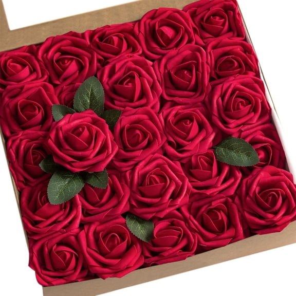 HAOSHICS 25Pcs Artificial Flowers, Real Touch Foam Roses, Fake Roses with Stem for Wedding Bridal Bouquets, Valentine's Day, Baby Shower, Party, Home Office Hotel Decor (Wine red)