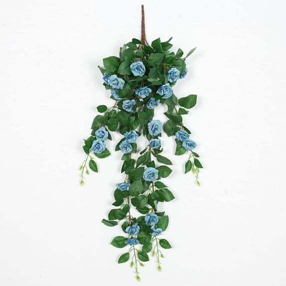 HAOSHICS 2Pcs Artificial Rose Vines Flowers Hanging Plant Flowers Fake Rose Heads Green Plant Hanging Silk Rose for Wedding Garden Wall Decoration (Blue)