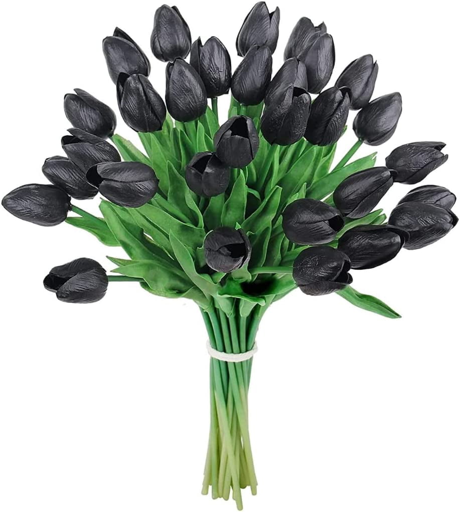 HAOSHICS 30pcs Artificial Tulips Flowers Fake Latex Tulip Stems - Real Touch Faux Colorful,for Easter Spring Wedding Bouquet Centerpiece Floral Arrangement Wedding Table Decor (Black)