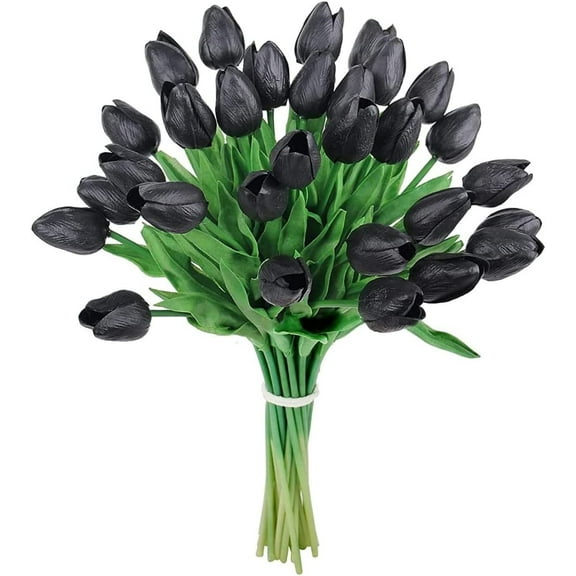 HAOSHICS 30pcs Artificial Tulips Flowers Fake Latex Tulip Stems - Real Touch Faux Colorful,for Easter Spring Wedding Bouquet Centerpiece Floral Arrangement Wedding Table Decor (Black)
