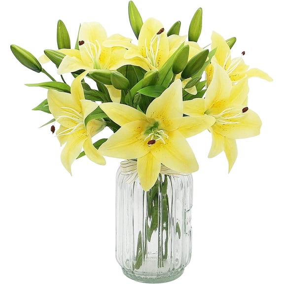 HAOSHICS 6Pcs Artificial Lily Flowers, Fake Lily Bouquet, Latex Real Touch Flowers for Home Office Wedding Party Vases Table Centerpieces Decor (Yellow)