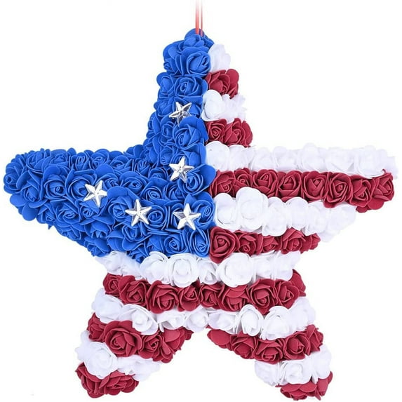 HAOSHICS July 4th Wreath Patriotic Americana Wreath Boxwood Handcrafted Memorial Day Wreath Festival Garland Decoration Front Door Wall Home Decor