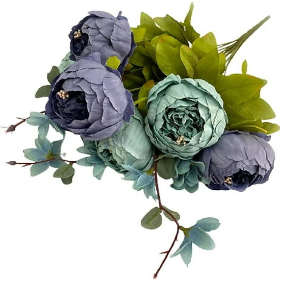 HAOSHICS Peony Silk Artificial Flower, Realistic Faux Peony Bouquet for Home Office Wedding Bridal Party Decor (Vintage Blue)
