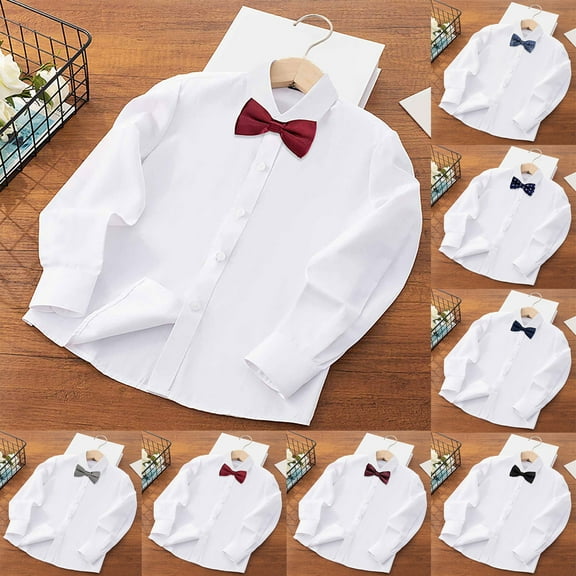 HAOTAGS (2-16 Years) Boys Girls Long Sleeved Shirt, Bow Tie Dress Shirt Solid Color Casual Button-Up Shirts Red 8-10 Years